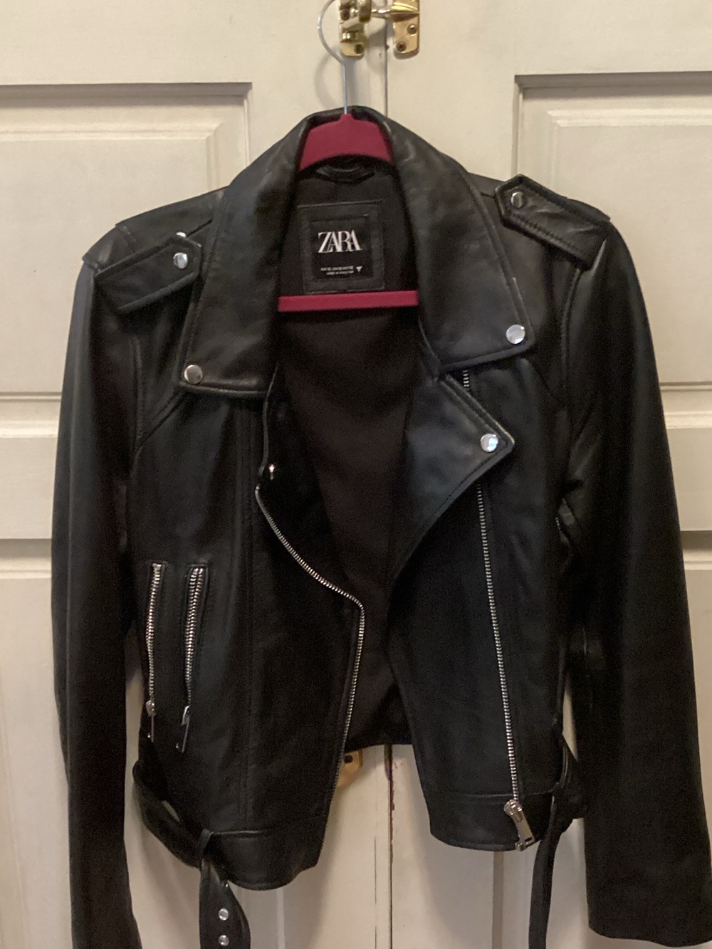 ZARA Black Leather Moto Jacket with Silver Hardware